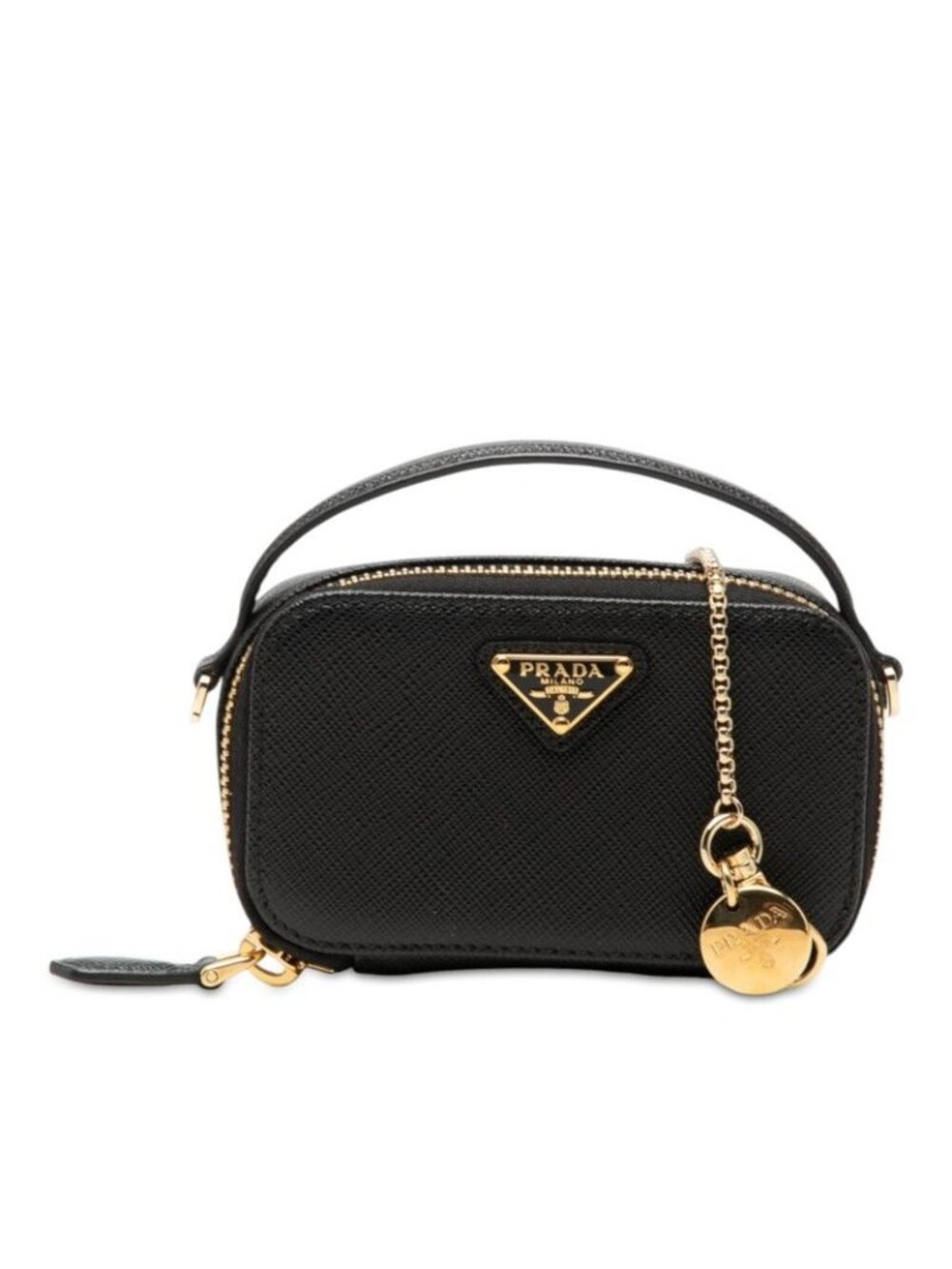 Prada Chain Shoulder Bag Mini Pochette Black Gold Saffiano Leather